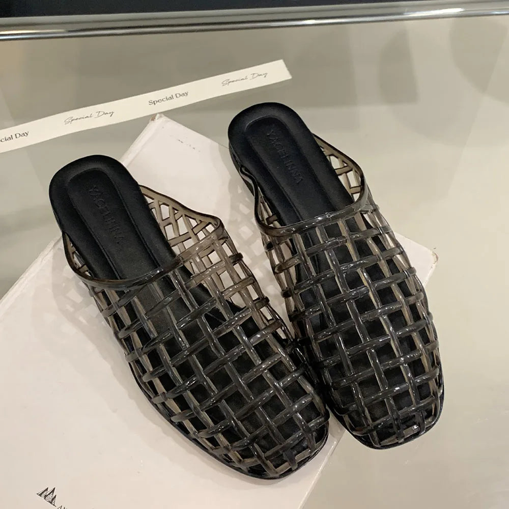 Design Mesh Jelly Shoes Hollow Round Toe Beach Shoes Comfy Fashion Transparent Sandals Women Summer New Weave Flat Jellies Shoes