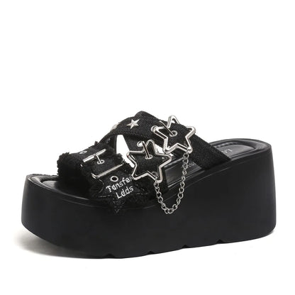 2026 Summer Women's Gothic Chunky Platform Wedges Sandals Chain Street Cool Slide Sandals Women Shoes Walking Comfy
