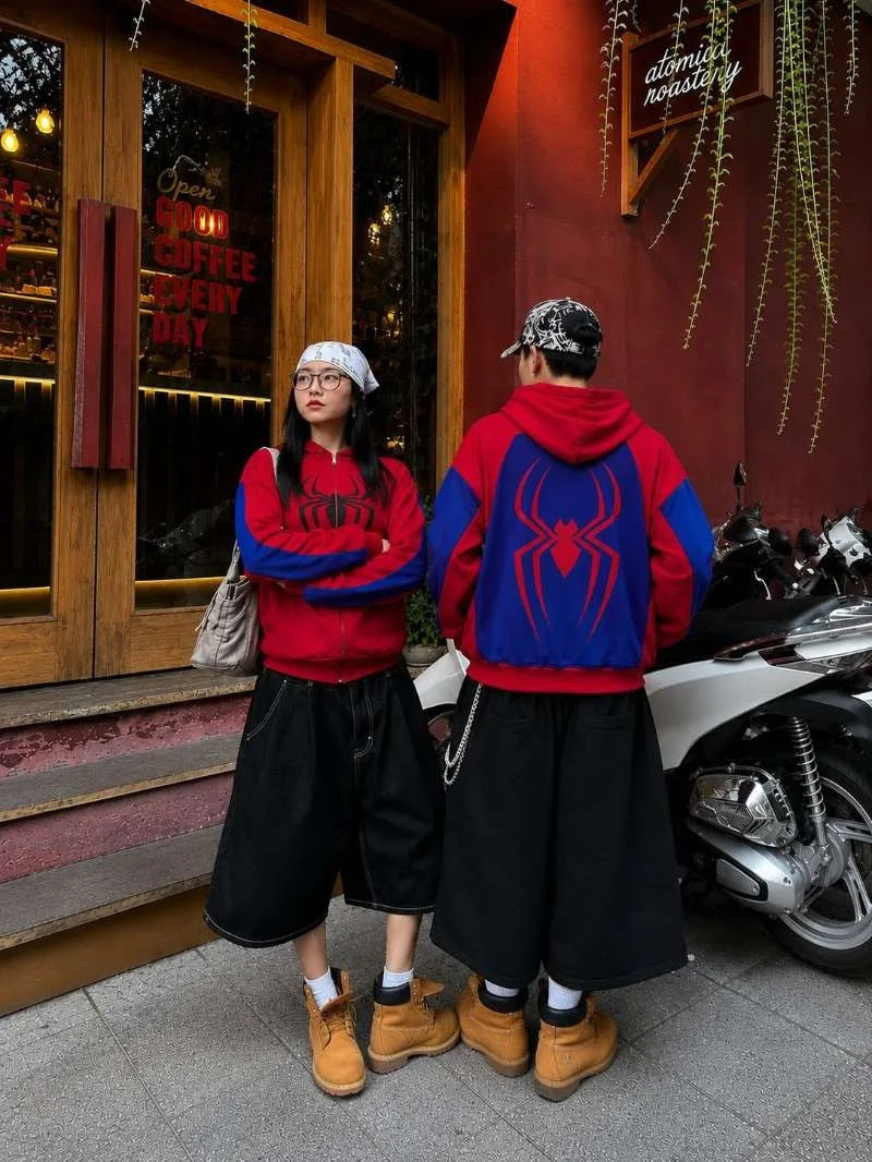Unisex Fashion Cosplay Hooded Jacket Red Blue Colorblock Spider Pattern Hoodie Casual Y2K Streetwear Long Sleeve Sweatshirt Top