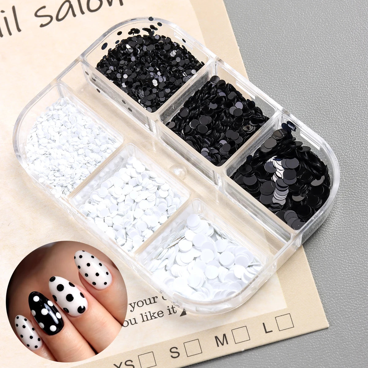 Black and White Polka Dot Glitter Nail Art Accessories, Retro Floral Patchwork Glitter Nail Art, DIY Versatile Round Dot Glitter