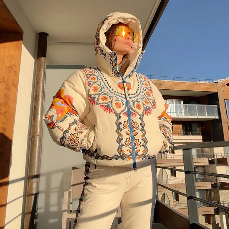Women Floral Print Hooded Ski Set Stand Belt Waist Zipper Straight Jumpsuit Retro Fashion Sheath Warm Sport Winter 2026 Skiwear