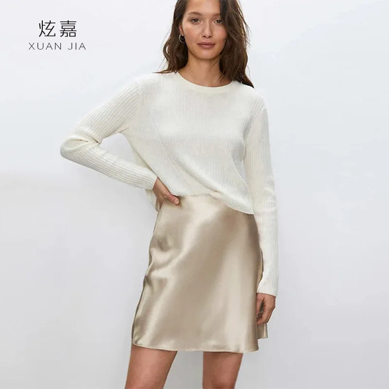 Satin Silk Short Skirt Women's Summer 100% Mulberry Silk Drape Skirt Elastic High Waist Slim Fit Hip Wrap A Word Skirt