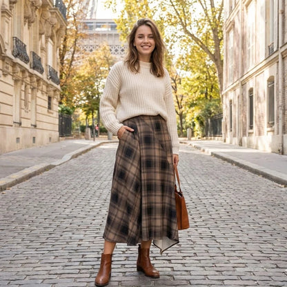 FANAN Women Fashion Plaid Pleated Side Zipper Midi Skirt Vintage High Waist Female Chic Lady Skirts