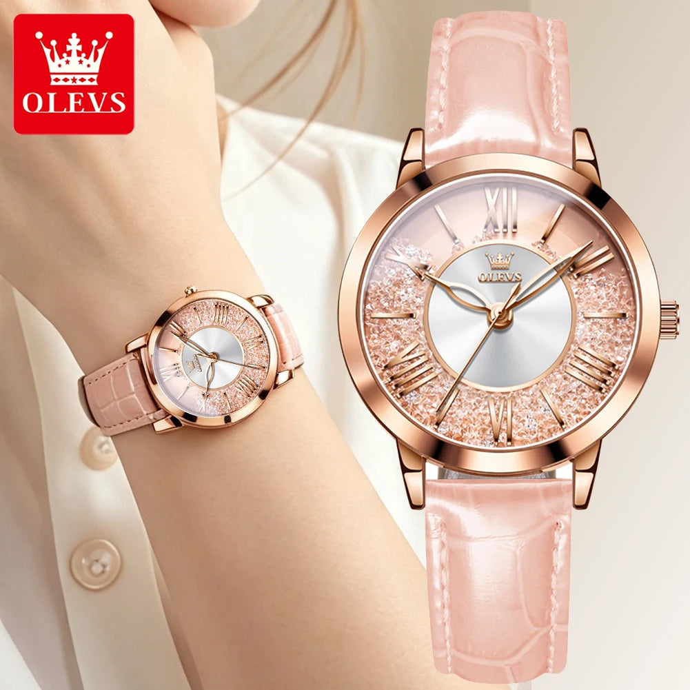 OLEVS Original Pink Leather Watch for Women Elegant Quartz Movement Waterproof Vintage Classic Watch Relojes para Mujer 5539