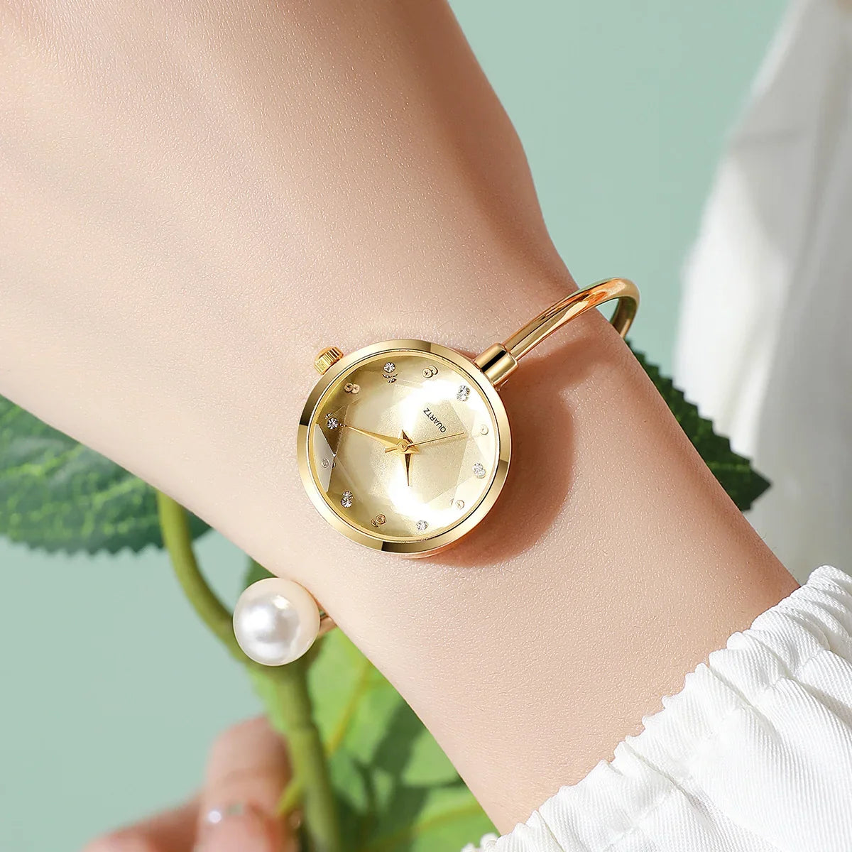 2pcs Exquisite Women Slim Bangle Watch Bracelet Set  Elegant Pearl Ladies Quartz Wristwatches Reloj Mujer（Without Box）