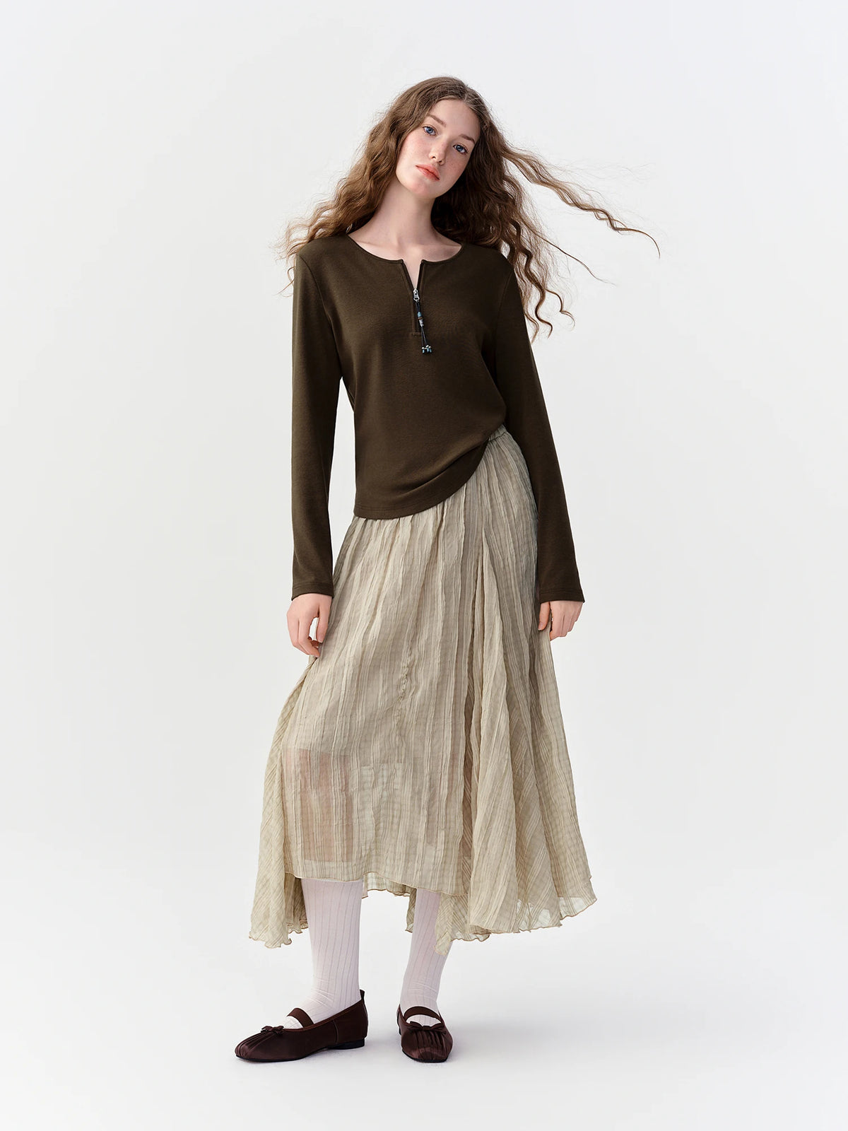 DUSHU Retro Nomadic Style Plaid Midi Skirt Women Irregular Design New Autumn 2026 Elastic Waist Casual Midi Skirt Khaki