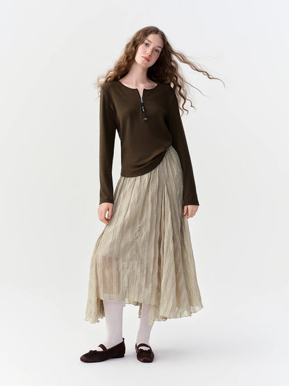DUSHU Retro Nomadic Style Plaid Midi Skirt Women Irregular Design New Autumn 2026 Elastic Waist Casual Midi Skirt Khaki