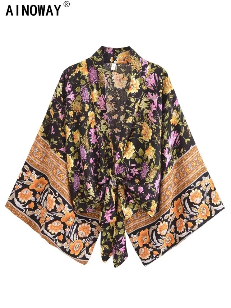 Vintage Multi Floral Boho Kimono Short Robe Swimsuits Women Fashion Batwing Sleeves Rayon Bohemian Bikini Cover Ups Beachwear