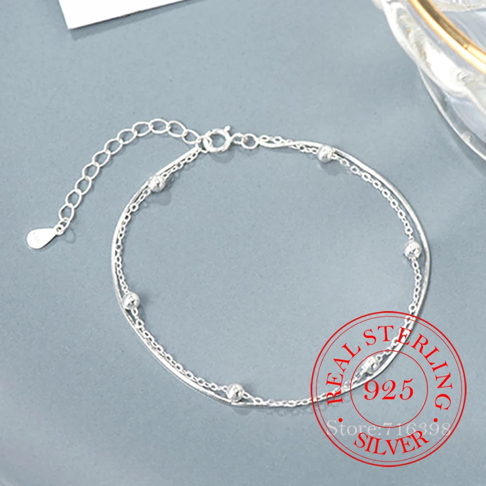 Real Money Korean 925 Sterling Silver 2-layer Smooth Beads Ball Chain Bracelet For Women Girls Homme Wedding Party Jewelry Gift