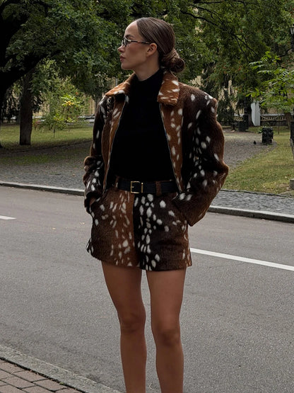 Retro Faux Fur Deer Spotted Skirt Set Lady Lapel Zip High Waist Animal Print Warm Cropped Jacket Set Fall Winter Matching Outfit