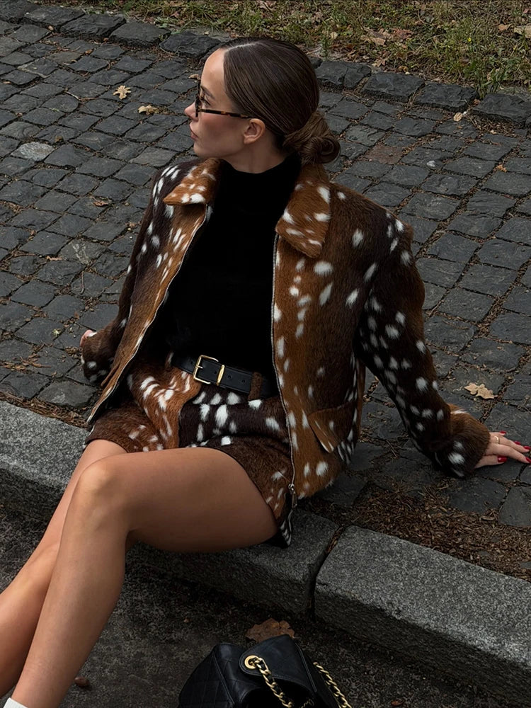 Retro Faux Fur Deer Spotted Skirt Set Lady Lapel Zip High Waist Animal Print Warm Cropped Jacket Set Fall Winter Matching Outfit