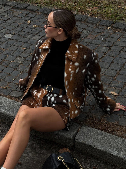 Retro Faux Fur Deer Spotted Skirt Set Lady Lapel Zip High Waist Animal Print Warm Cropped Jacket Set Fall Winter Matching Outfit