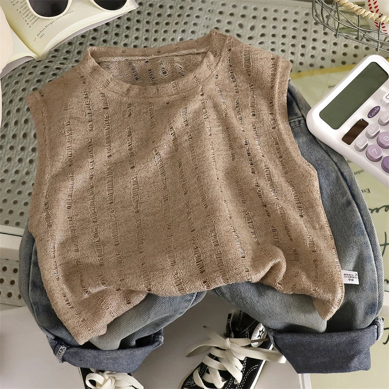 Summer Boys T-shirts Tops For Kids Baby Hollow Knit Vest Tees Children's Clothing Casual Solid Color Breathable Sleeveless Tops