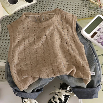 Summer Boys T-shirts Tops For Kids Baby Hollow Knit Vest Tees Children's Clothing Casual Solid Color Breathable Sleeveless Tops