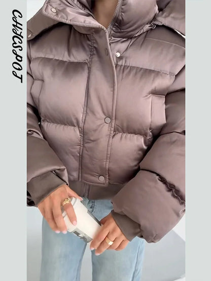 Women's Padded Jackets Hooded Stand Collar Zipper Cropped Coats Winter Female Lantern Sleeves Solid Loose Jacket New Outerwears