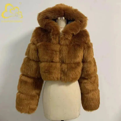 S-6XL Women Coat Autumn Winter Short Hooded Faux Fox Fur Coat Thick Warm Outerwear Fake Fur Woman Jackets Ladies Furry Coats