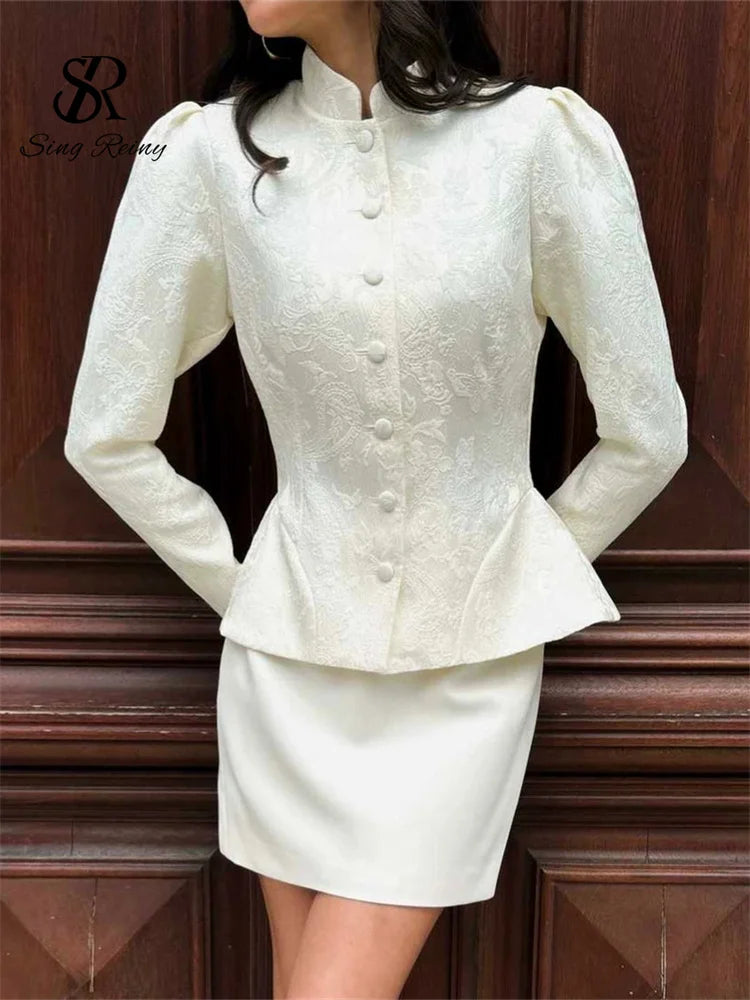 SINGREINY Jacquard Senior Blazer Autumn Stand Neck Full Sleeve Single Breast French Retro Coat Female Office Lady Slim Outerwear