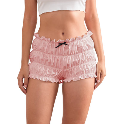 Women Ruffle Shorts Fashion 3D Bow Lettuce Trim Solid Color Elastic Waist Tiered Casual Bloomers Shorts for Summer Daily Life