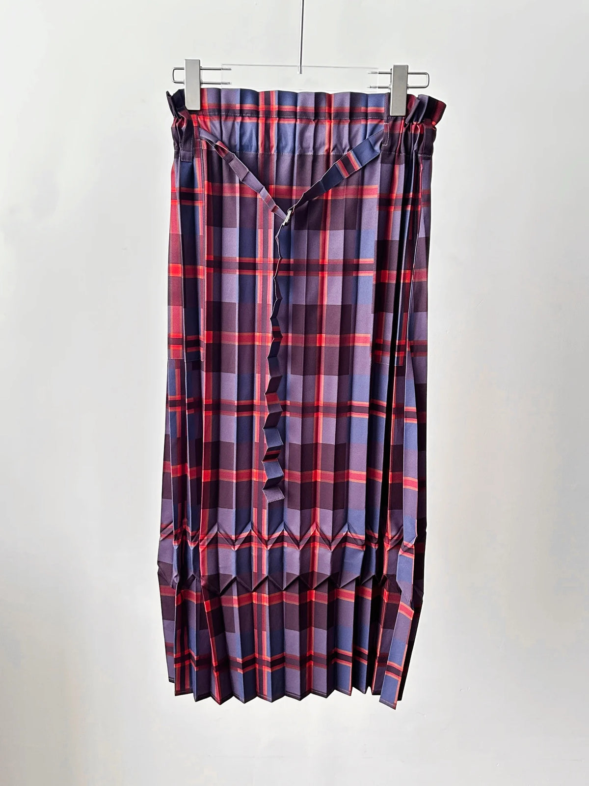 Vibrant Red-Blue Plaid Miyake Pleated Midi Skirt Ruffled Waistband Self-Tie Belt Women Casual Daily Office Weekend Brunch Skirt