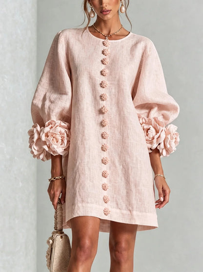Women Linen Mini Dress O Neck Puff Long Sleeve 3D Flower Cuff Decor Flower Button Loose Casual Short Dresses for Party Vacation