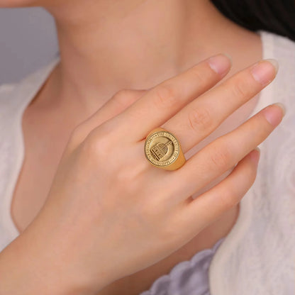 Personalized Etched Signet Ring 18K Gold Plated Custom Logo Family Crest University School Class Ring Engraved Graduation Gifts