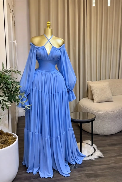 CM.YAYA 2026 Fall Winter Women Long Sleeve Halter Big Swing Long Maxi Dress Evening Birthday Trendy Sexy Vacation Party Dresses