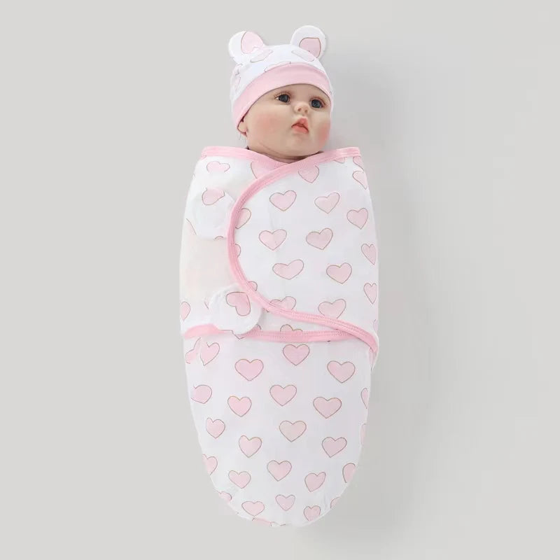 Baby Blanket Hat Set Cartoon Printed Cotton Newborn Swaddle Adjustable Infant Sleeping Swaddle Wraps All Seasons 0-6 Months