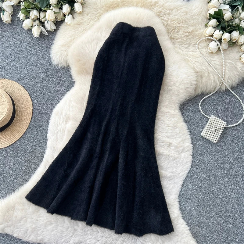 Women Faux Mink Knit Mermaid Skirt High Waist Soft Fuzzy Warm Sweater Skirt Fall Winter Elegant Bodycon Long Midi Skirts 636