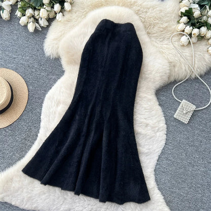 Women Faux Mink Knit Mermaid Skirt High Waist Soft Fuzzy Warm Sweater Skirt Fall Winter Elegant Bodycon Long Midi Skirts 636