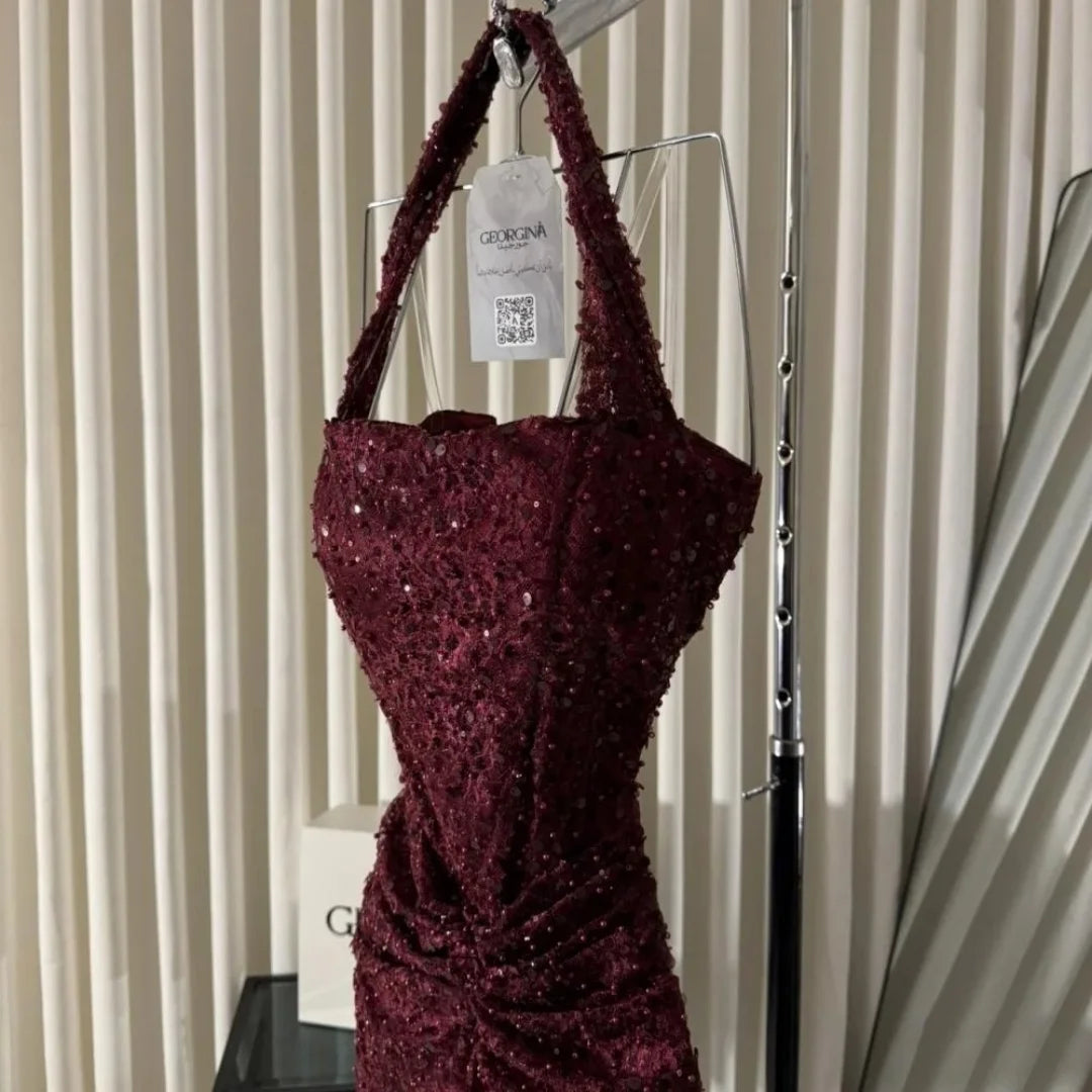 Amanda Customized Wine Red Halter Prom Dress Beaded High Waist Split Satin Lace vestidos de noche Slim Mermaid Formal Evening