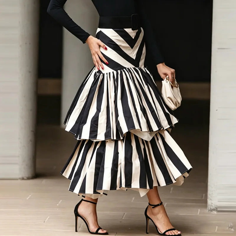 Women Black White Striped Long Skirt High Waist Asymmetric Tiered Ruffle Skirt Irregular Swing Flowy Casual Fashion A Line Skirt