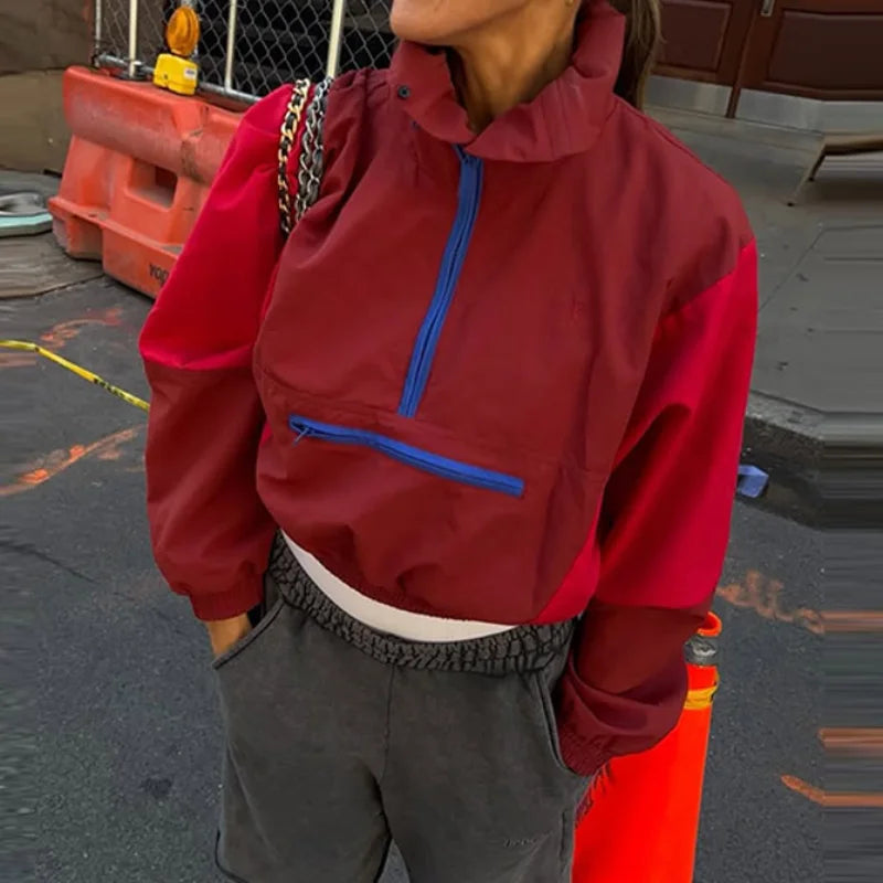 Casual Paneled Contrast Women's Cropped Windbreaker Loose Stand Collar Zipper Full Sleeve Jackets 2026 Autumn Lady Chic Outwear