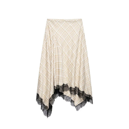 Spring Summer Women's Plaid Asymmetry Skirts Female Vintage  Skirts Chic Lace Splice Midi Skirts Lady Casual Ruched Skirt