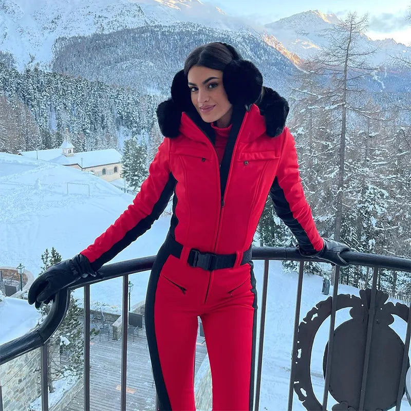 Cotton Padded Zipper Hooded Jumpsuits Skiwear Parka Women Belts Long Sleeve Straight Jacket Winter Outdoor One-Piece Overalls