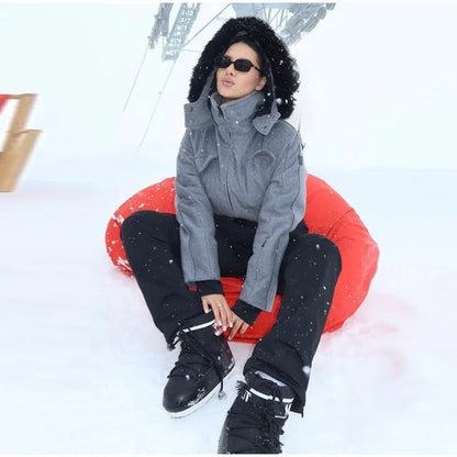 Fur Trim Hooded Flap Pocket Wool-Blend Ski Jumpsuit Patchwork Full Length 2025 Winter Fashion New Causal Warm Women Skiwear Set