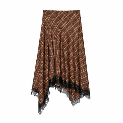 Women Vintage Chic Midi Skirt Elegant Women Plaid Lace Long Skirt New Summer  Commute Dinner Party Lady Skirt