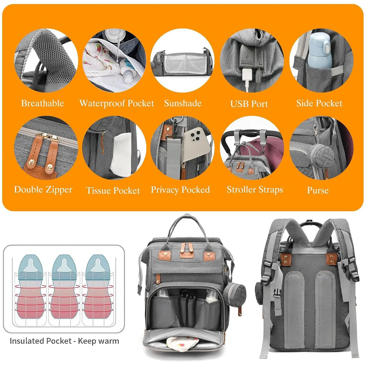 Diaper Bag Waterproof Diaper Bag Backpack Moms Dads With USB Charging Port Baby Shower Gifts Large Capacity Diaper Backpack Grey
