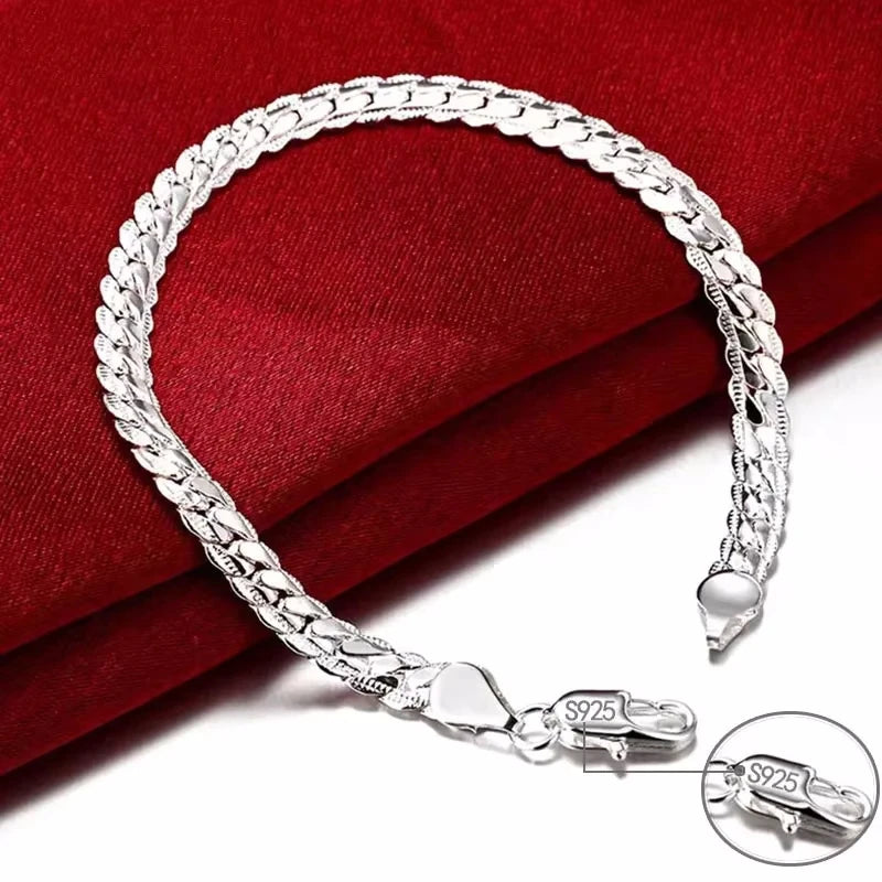925 Silver Bracelet 6mm 18/19/20cm Flat Side Chain Lobster Clasp For Woman Man Wedding Engagement Jewelry