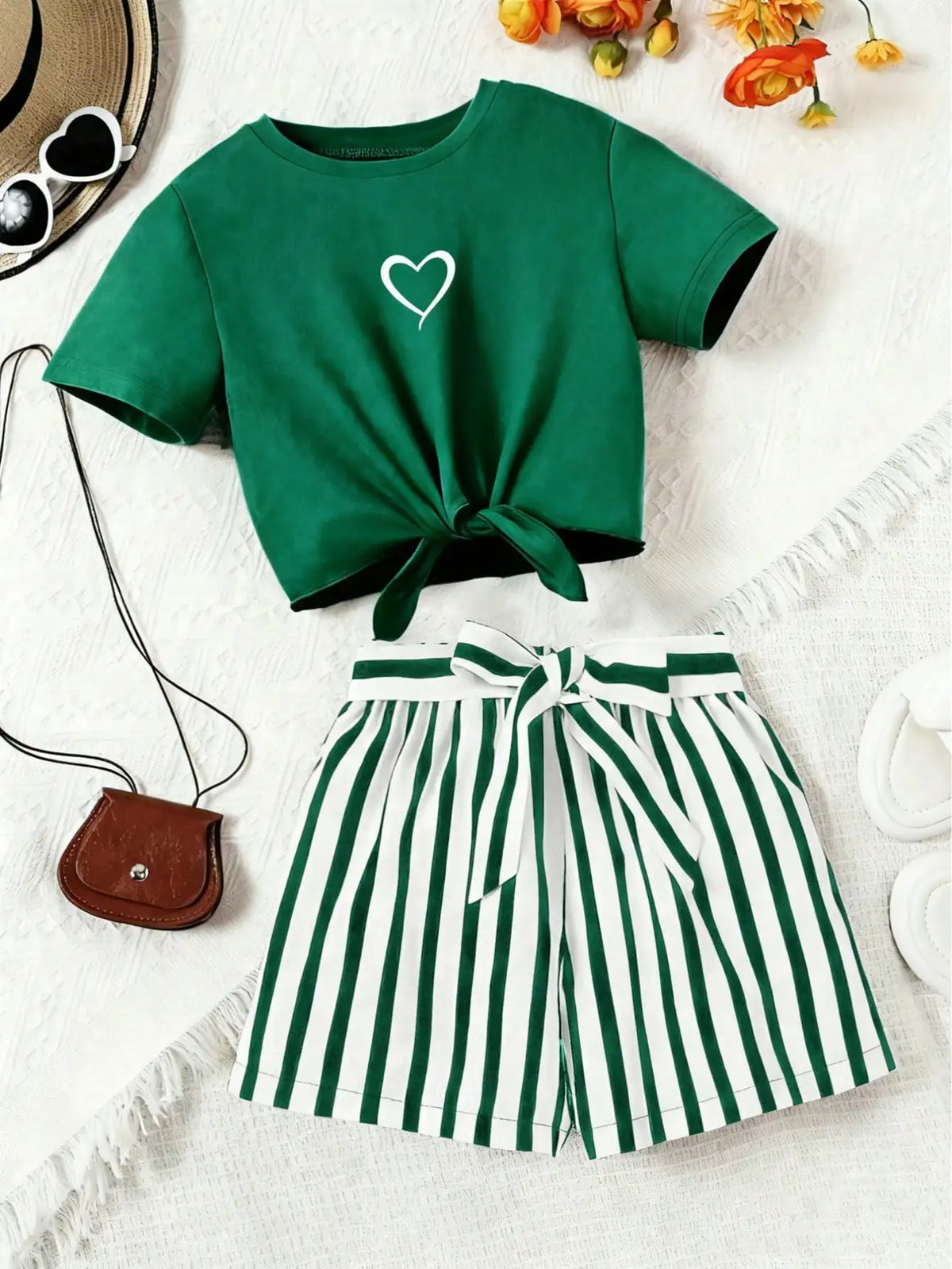 Women's Casual Daily Short-Sleeved Love Printed+Striped Printed Shorts 2-Piece Set with Random Belt Striped Children's Clothing