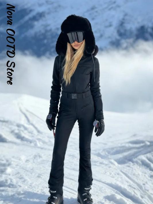 Winter Women's Black Fur Hooded Belted Ski Jumpsuit Slim Fit Waterproof Windproof Skiwear 2026 Lady Warm Sport Snow Bodysuit New