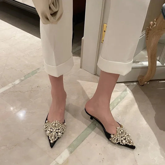 New Slippers Fashion Pointy Head Pearl Half Slippers Fine Heeled Sandals Women's Shoes 42 Yards Middle Heeled Mules Shoes