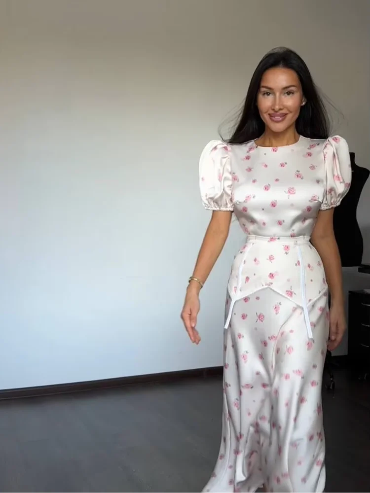 Elegant Printed Satin Skirt Set Women Fashion Round Collar Short Sleeve High Waist Top Skirts Suit Chic 2026 Lady Street Outfit
