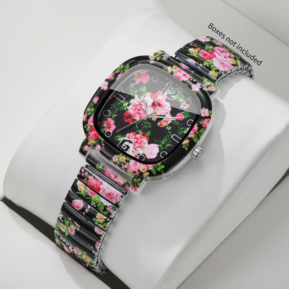 Flowers Printed Square Quartz Watch Women Casual Black Elastic Stretch Strap Ladies Wristwatch Relogio Feminino (Without Box)