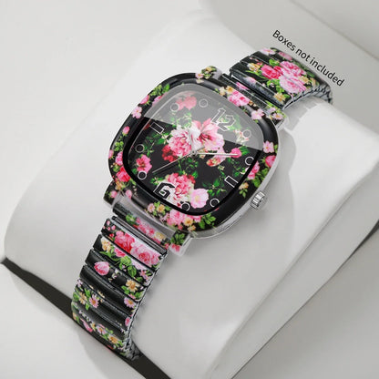 Flowers Printed Square Quartz Watch Women Casual Black Elastic Stretch Strap Ladies Wristwatch Relogio Feminino (Without Box)
