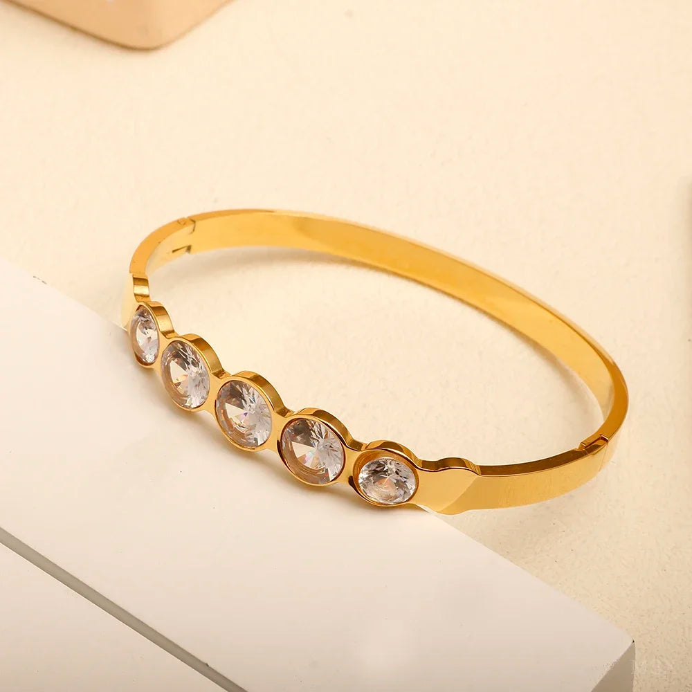Stainless Steel Inlaid Zircon Bangle Round Bracelets