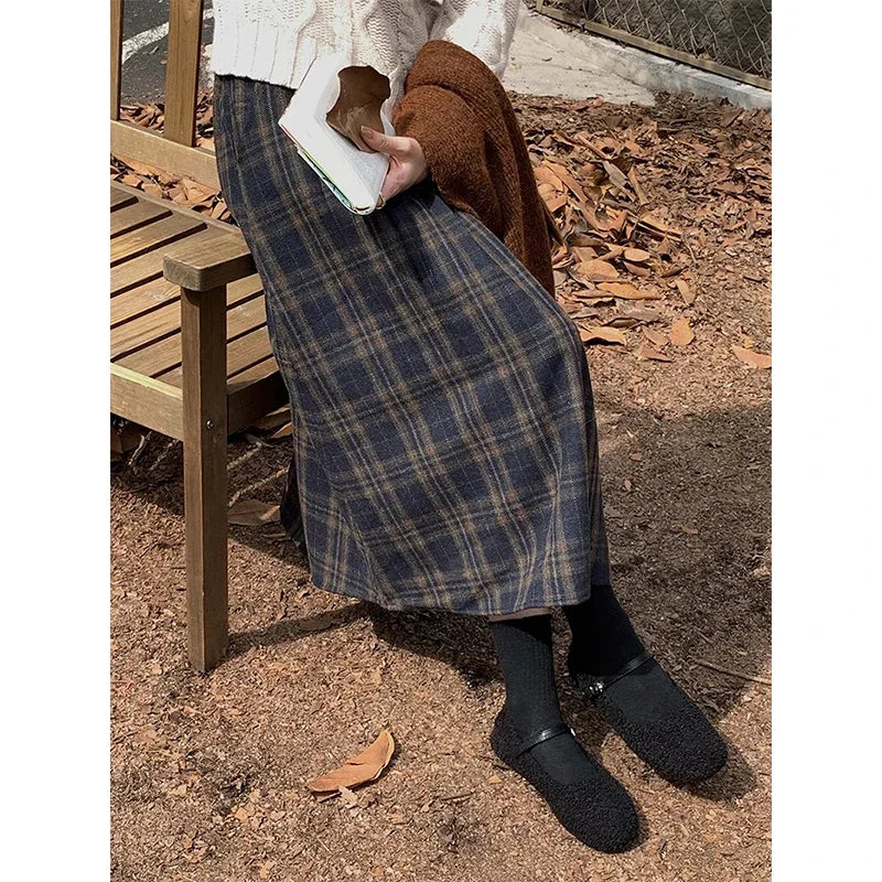 MEXZT Vintage Plaid Midi Skirts Women Harajuku Woolen A Ine Skirt Winter Ladies Streetwear Korean High Waist Casual Faldas New