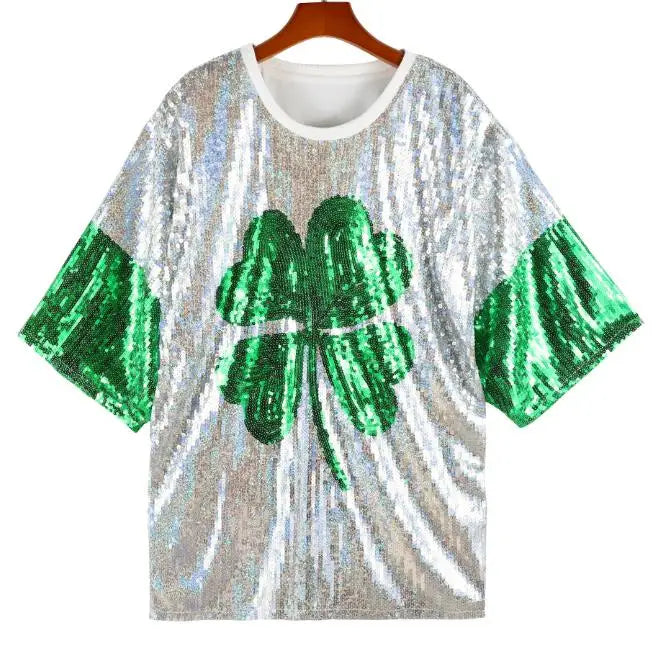 Summer Contrast Color Patchwork Geometry Letter Streetwear Short T-Shirt Sequins Hip Hop Night Club Women's Tops