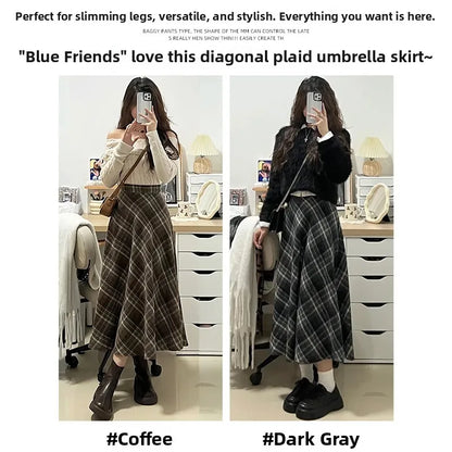 Plaid Woolen  Skirt Women's High Waist Slim A-Line Midi Spring Autumn Seasonal Umbrella Skirt Fashionable Ladies' Skirt