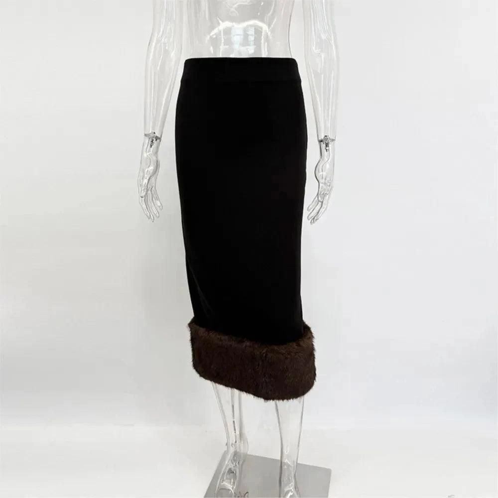 LIMO Women Midi Pencil Skirt Faux Fur Hem Elegant High Waist Winter Thick Bodycon Skirt