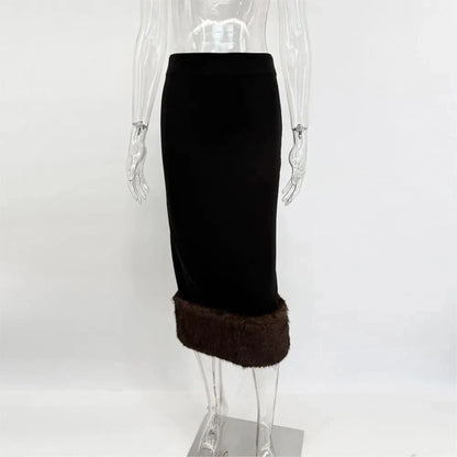 LIMO Women Midi Pencil Skirt Faux Fur Hem Elegant High Waist Winter Thick Bodycon Skirt